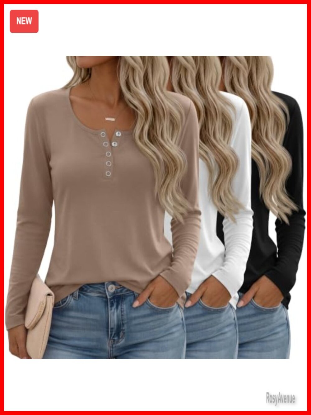 Women's Long Sleeve Henley Button Tops 3 Pack Casual Blouses